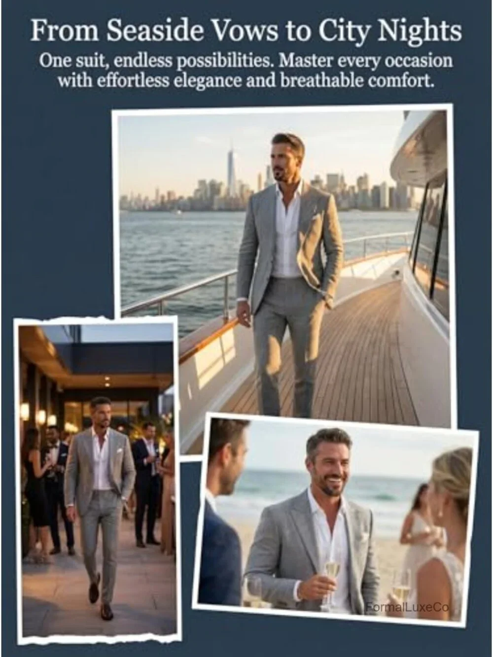 Mens Linen Suit 2 Piece Slim Fit Wedding Groom Prom Tuxedo Set Jacket Pants